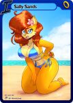 anthro archie_comics beach big_breasts bikini breasts brown_body brown_hair clothing female hair hand_on_hip hand_on_leg jamoart kneeling looking_at_viewer mammal rodent sally_acorn sand sciurid sega solo sonic_the_hedgehog_(archie) sonic_the_hedgehog_(comics) sonic_the_hedgehog_(series) swimwear two-piece_swimsuit
