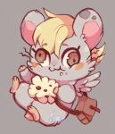 2012 alternate_species bag blush blush_stickers brown_eyes cricetid derp_eyes derpy_hooves_(mlp) eating female food friendship_is_magic fur grey_background grey_body grey_fur hamster hamtaro_(series) hasbro holding_food holding_object low_res mammal messenger_bag muffin my_little_pony rodent shoulder_bag simple_background solo tachi-e tall whiskers wings xxmioxx