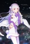  bangs bare_shoulders blush braid emilia_(re:zero) eyebrows_visible_through_hair fur_trim hair_between_eyes highres long_hair long_sleeves looking_at_viewer merry_christmas outstretched_arm parted_lips pointy_ears purple_eyes purple_scarf re:zero_kara_hajimeru_isekai_seikatsu scarf sidelocks smile solo swd3e2 very_long_hair white_legwear 