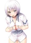  boku_no_kanojo_ga_majimesugiru_shojo_bitch_na_ken breasts cleavage_cutout cum cum_on_body cum_on_breasts cum_on_upper_body facial highres kousaka_akiho large_breasts matsumoto_namiru official_art shirt short_hair silver_eyes solo thigh_gap white_hair white_shirt 