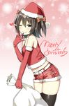  ;q belt black_hair blush bow christmas closed_mouth commentary crop_top elbow_gloves fur-trimmed_gloves fur-trimmed_shorts fur_trim gloves hair_between_eyes hair_bow hand_to_own_mouth hat heart highres leaning_forward looking_at_viewer merry_christmas midriff navel one_eye_closed original red_gloves red_shorts sack santa_costume santa_hat short_shorts shorts sky_(freedom) sky_(sky-freedom) smile solo spaghetti_strap thighhighs tongue tongue_out two_side_up 