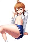  ariyama_shizuku boku_no_kanojo_ga_majimesugiru_shojo_bitch_na_ken breasts brown_eyes brown_hair candy food highres licking lollipop matsumoto_namiru official_art panties pantyshot pantyshot_(sitting) pinky_out pleated_skirt short_hair sitting skirt small_breasts solo unbuttoned unbuttoned_shirt underwear 