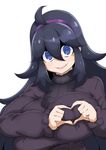  1girl ahoge al_bhed_eyes breasts hairband heart-shaped_boob_challenge heart_hands hex_maniac_(pokemon) large_breasts long_sleeves looking_at_viewer open_mouth pokemon pokemon_(game) pokemon_xy purple_eyes purple_hair purple_hairband ribbed_sweater simple_background smile solo sweater toudori upper_body white_background 