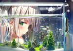  aqua_eyes bangs bare_shoulders blush collarbone eyebrows_visible_through_hair fish_tank green_eyes long_hair looking_at_viewer looking_away original parted_lips sidelocks silver_hair solo tank_top water wingheart 