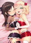  bell bell_collar black_legwear blonde_hair blush breast_press breasts brown_eyes brown_hair christmas collar green_eyes hairband highres holding_hands idolmaster idolmaster_cinderella_girls lolita_hairband long_hair looking_at_viewer midriff multiple_girls open_mouth sakurai_momoka saliva saliva_trail satou_kuuki short_hair small_breasts smile symmetrical_docking tachibana_arisu thighhighs wavy_hair white_legwear yuri zettai_ryouiki 