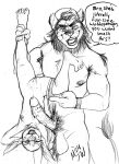 2024 absurd_res anthro arm_tuft armpit_hair backwards_baseball_cap backwards_hat baseball_cap big_ears body_hair bovid breasts canid canine caprine clothing dangling dialogue duo fangs feet felid feline female gesture hand_gesture hat headgear headwear hi_res holding_ankle holding_leg hybrid kiva_(mjw_darkmode) lion looking_at_viewer male male/female mammal mane mjw_darkmode monochrome muscular muscular_male nails nipples open_mouth pantherine papillae pecs pointing pointing_at_another pubes sharp_teeth sheep short_stack shoulder_tuft simple_background size_difference sketch small_breasts small_ears smile soles speech_bubble tail tail_tuft teeth toenails toes traditional_media_(artwork) tuft whiskers white_background wristband