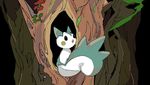  animal_ears black_background black_eyes blush_stickers from_behind full_body jkwaipa0926 looking_up no_humans open_mouth outdoors pachirisu pokemon pokemon_(creature) pokemon_dppt simple_background solo squirrel_tail tail tree 