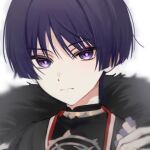  1boy black_bodysuit black_kimono blunt_ends blurry bodysuit closed_mouth depth_of_field expressionless fur_collar genshin_impact gold han&#039;eri ij_xcm4o japanese_clothes jewelry kimono layered_kimono looking_at_viewer male_focus mandarin_collar neck_ring open_clothes open_kimono portrait purple_eyes purple_hair purple_rope red_kimono rope scaramouche_(genshin_impact) shimenawa solo split_mouth tsurime white_background white_kimono white_rope wispy_bangs 