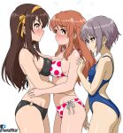  3girls absurdres asahina_mikuru ass bikini black_bikini blue_one-piece_swimsuit blush breast_press breasts brown_eyes brown_hair closed_mouth cowboy_shot english_commentary from_side grey_hair hair_ribbon halterneck highres hug long_hair looking_at_another medium_breasts multiple_girls nagato_yuki navel o-ring o-ring_bikini one-piece_swimsuit polka_dot polka_dot_bikini profile racerback ribbon short_hair side-tie_bikini_bottom small_breasts suzumiya_haruhi suzumiya_haruhi_no_yuuutsu swimsuit symmetrical_docking t-works twitter_logo twitter_username white_bikini yellow_ribbon yuri 