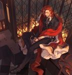  alternate_costume blush coat fur-trimmed_coat fur_trim granblue_fantasy itefu long_hair male_focus percival_(granblue_fantasy) petals red_eyes red_hair rose_petals sitting 