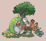  1girl arms_up book female floating flower full_body grass green_hair jkwaipa0926 long_hair magnemite no_humans open_book outdoors pink_background pokemon pokemon_(creature) pokemon_rgby pokemon_sm reading red_eyes red_flower simple_background sitting steenee tree yellow_flower 