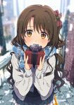  blazer blurry blurry_background box brown_eyes brown_hair christmas commentary_request day eyebrows_visible_through_hair gift gift_box hair_ornament holding holding_gift idolmaster idolmaster_cinderella_girls incoming_gift jacket long_hair looking_at_viewer ogipote one_side_up outdoors plaid plaid_scarf scarf shimamura_uzuki solo wavy_hair 