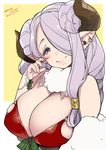  blush breasts christmas cleavage dated draph granblue_fantasy hair_over_one_eye horns jewelry large_breasts lavender_hair looking_at_viewer merry_christmas narmaya_(granblue_fantasy) pointy_ears purple_eyes simple_background single_earring sketch smile solo sumeragi_kohaku upper_body 