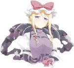  blonde_hair blush bow breasts closed_mouth eyes folded_ponytail gap hair_bow hat hat_ribbon juliet_sleeves long_hair long_sleeves looking_at_viewer medium_breasts mob_cap puffy_sleeves purple_eyes red_bow red_ribbon ribbon sakuraba_yuuki shiny shiny_hair simple_background smile solo tabard touhou upper_body white_background yakumo_yukari 