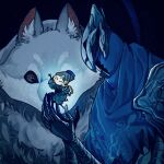  1boy 1girl armor artorias_the_abysswalker blonde_hair blue_cape blue_robe braid braided_ponytail cape carrying carrying_person commentary dark_background dark_souls_(series) dark_souls_i full_armor full_body great_grey_wolf_sif hand_up highres light_particles long_hair looking_at_another lord&#039;s_blade_ciaran mask robe symbol-only_commentary tworain_w upper_body wolf 