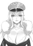  absurdres azur_lane breasts cape cleavage commentary_request copyright_request deras eyebrows_visible_through_hair fur_trim graf_zeppelin_(azur_lane) greyscale hair_between_eyes hat highres large_breasts long_hair looking_at_viewer monochrome parted_lips peaked_cap simple_background solo white_background 