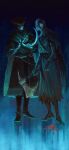  2boys armor axe belt black_boots blood blood_on_clothes blood_on_weapon bloodborne blue_background boots cape chainmail character_request check_copyright chinese_commentary coat commentary_request copyright_request dark_souls_(series) full_armor full_body gloves grey_hair hat helmet highres holding holding_another&#039;s_tongue holding_axe holding_sickle male_focus multiple_boys short_hair tricorne tworain_w weapon 