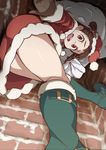  :d ass bent_over boots brick_wall brown_gloves brown_hair chimney christmas commentary_request dress from_below gloves green_footwear hat kagari_atsuko legs little_witch_academia looking_at_viewer open_mouth pov red_dress red_eyes santa_costume santa_hat shiny shiny_skin sidelocks smile solo stuck sweat sweatdrop thighs uganda 