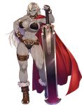  23_(real_xxiii) abs anatolia_(sennen_sensou_aigis) arm_strap belt bikini blonde_hair blue_eyes boots breasts cape circlet dark_skin eyebrows_visible_through_hair fingerless_gloves full_body fur_trim gloves hand_on_hip highres holding holding_sword holding_weapon huge_breasts huge_weapon lips long_hair looking_at_viewer muscle muscular_female non-web_source pointy_ears scar sennen_sensou_aigis solo standing swimsuit sword thigh_strap transparent_background weapon 