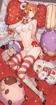  altera_(fate) altera_the_santa alternate_costume bed bell blush breasts character_doll cosplay dark_skin fake_horns fate/grand_order fate/prototype fate/prototype:_fragments_of_blue_and_silver fate_(series) fujimaru_ritsuka_(female) hassan_of_serenity_(fate) hat high_heels highres jingle_bell medium_breasts merlin_(fate) merry_sheep one_eye_closed open_mouth orange_eyes orange_hair original pillow sheep short_hair solo striped striped_legwear stuffed_animal stuffed_toy thighhighs underboob yayata_(884) 