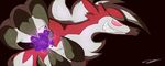  2016 ambiguous_gender black_nose canine claws digital_drawing_(artwork) digital_media_(artwork) energy fangs feral fur gdgreat glowing glowing_eyes grin lycanroc mammal midnight_lycanroc nintendo pok&eacute;mon pok&eacute;mon_(species) red_background red_eyes red_fur shadow_ball signature simple_background smile video_games white_fur 