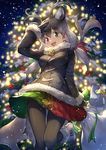  animal_ears antlers bag black_coat black_gloves black_legwear breasts christmas christmas_tree commentary extra_ears fur_trim gloves green_eyes green_ribbon grey_hair guchico hair_ribbon hand_up heterochromia kemono_friends leg_up long_sleeves looking_at_viewer low_twintails medium_breasts miniskirt mittens multicolored multicolored_clothes multicolored_skirt night night_sky open_mouth outdoors pantyhose red_eyes red_ribbon reindeer_(kemono_friends) reindeer_antlers reindeer_ears ribbon sack shoulder_bag skirt sky smile snowing solo twintails winter 