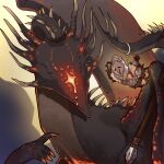  1boy arm_armor armor black_dragon_kalameet black_gloves blood blood_on_weapon chain character_request commentary dark_souls_(series) dark_souls_i dragon full_body fur_trim gloves helmet highres leg_armor polearm shoulder_armor symbol-only_commentary tworain_w upper_body weapon 