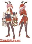  2017 alternate_costume animal_ears between_breasts blue_eyes breasts bunny_ears bunny_tail chan_qi_(fireworkhouse) cleavage full_body hat league_of_legends medium_breasts necktie necktie_between_breasts pink_hair smile standing tail thighhighs vi_(league_of_legends) 