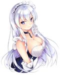  azur_lane bangs belfast_(azur_lane) blue_eyes blush braid breasts chain cleavage closed_mouth collar collarbone commentary_request eyebrows_visible_through_hair french_braid gloves highres jacknavy large_breasts long_hair looking_at_viewer maid maid_headdress silver_hair smile solo translation_request upper_body 