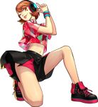  atlus black_skirt bracelet brown_hair finger_gun full_body headphones heart jewelry looking_at_viewer midriff navel official_art one_knee persona persona_3 persona_3:_dancing_moon_night persona_dancing pose shoes short_hair skirt smile sneakers soejima_shigenori solo stomach takeba_yukari tongue tongue_out transparent_background 