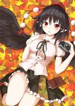  absurdres autumn_leaves black_hair black_legwear black_ribbon black_skirt breasts buttons camera commentary_request finger_to_cheek hat highres large_breasts leaf looking_at_viewer lying miniskirt navel neck_ribbon notebook on_back pointy_ears pom_pom_(clothes) red_eyes red_footwear ribbon shameimaru_aya shoes skirt socks solo tassel techi_(techi35499) tokin_hat touhou wing_collar 