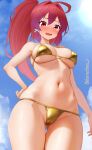  1girl ahoge alternate_costume bikini blush breasts cameltoe dorachan_r embarrassed gold_bikini hair_ribbon highres i-168_(kancolle) kantai_collection large_breasts long_hair navel ponytail red_eyes red_hair ribbon solo swimsuit very_long_hair 