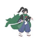  1other adagumo_no_yaorochi androgynous artist_request black_hair black_kimono black_sleeves blue_hakama blunt_bangs bottle_opener brown_sandals closed_mouth detached_sleeves ear_piercing floral_print full_body green_jacket green_scarf grey_eyes hair_ornament hair_scrunchie hakama hakama_pants high_side_ponytail holding holding_sword holding_weapon jacket japanese_clothes jinbaori jinbei_(clothes) kimono len'en long_hair long_sleeves looking_at_viewer multiple_tails other_focus pants parted_bangs piercing pom_pom_(clothes) red_scarf sandals scarf scrunchie second-party_source short_kimono simple_background slit_pupils smile snake_tail socks solo standing sword sword_of_kusanagi tail tasouken weapon white_background white_scrunchie white_socks wide_sleeves 