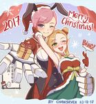  3girls alternate_costume ambitious_elf_jinx armpits arms_up blush caitlyn_(league_of_legends) chan_qi_(fireworkhouse) chinese christmas dress english gift heart heart-shaped_pupils jinx_(league_of_legends) league_of_legends looking_at_viewer multiple_girls smile speech_bubble symbol-shaped_pupils text_focus translation_request vi_(league_of_legends) yuri 