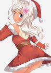  absurdres animal_ears ass blonde_hair blue_eyes blush cat_ears cat_tail commentary_request fang flower go-1 grey_background hair_flower hair_ornament hat highres kantai_collection long_hair one-piece_tan open_mouth pink_flower ro-500_(kantai_collection) santa_costume santa_hat simple_background smile solo tail tan tanline 
