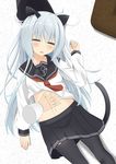  animal_ears blush cat_ears cat_tail hair_between_eyes hibiki_(kantai_collection) highres kantai_collection lying multiple_girls navel on_back petting school_uniform serafuku shiruhino silver_hair skirt sleeping tail thighhighs 