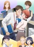  2boys 5girls :d adjusting_eyewear anime_coloring belt binder black_hair blonde_hair blue_eyes blue_pants blue_vest blunt_bangs blush brown_eyes brown_hair brown_jacket brown_necktie collarbone collared_shirt covering_another&#039;s_mouth embarrassed glasses green_eyes grey_skirt hair_ornament hair_pulled_back hairpin hayakawa_shizuno holding holding_binder holding_notepad id_card indoors jacket key_visual kono_kaisha_ni_suki_na_hito_ga_imasu lanyard leaning_forward long_hair long_sleeves looking_at_another looking_at_viewer looking_to_the_side mitsuya_yui morizono_maria multiple_boys multiple_girls necktie notepad office_lady official_art pants parted_bangs parted_lips ponytail promotional_art purple_eyes rectangular_eyewear red_eyes red_hair rimless_eyewear sakura_yukiko shelf shirt shirt_tucked_in short_hair sideways_glance skirt smile somei_keisuke standing storage_room suit_jacket tateishi_masugu textless_version utou_chiharu very_short_hair vest white_belt white_shirt 