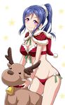  &gt;:) bell bikini blue_eyes blush capelet christmas commentary_request fur-trimmed_capelet fur_trim green_ribbon hair_ornament hairpin hat highres hood hood_down hooded_capelet looking_at_viewer love_live! love_live!_sunshine!! matsuura_kanan neck_ribbon plaid pom_pom_(clothes) ponytail purple_eyes red_bikini ribbon santa_hat solo star star_hair_ornament starry_background stuffed_animal stuffed_reindeer stuffed_toy swimsuit v-shaped_eyebrows wristband yopparai_oni 