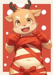  2017 absurd_res anthro antlers blush brown_eyes cervine clothing cub gloves hi_res horn looking_at_viewer mammal moki navel open_mouth presenting reindeer simple_background smile solo standing young 