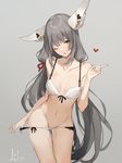  aiko_(kanl) animal_ears ass_visible_through_thighs bangs bare_arms bare_shoulders bow bow_bra bra breasts collarbone contrapposto cowboy_shot eyebrows_visible_through_hair grey_background grey_hair hand_up heart highres index_finger_raised long_hair navel niyah one_eye_closed panties panty_pull pulled_by_self simple_background small_breasts spoilers standing thigh_gap underwear white_bra white_panties xenoblade_(series) xenoblade_2 