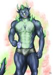  abs anthro biceps blue_skin bulge clothed clothing cup dragon facial_piercing graydragon02 green_eyes green_hair green_horn green_skin hair holding_cup horn invalid_tag looking_at_viewer male markings mature_male muscular muscular_male nose_piercing open_mouth partially_clothed pecs piercing portrait septum_piercing solo standing thick_thighs three-quarter_portrait underwear zorquan 