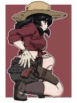  1girl belle_(girls_und_panzer) black_hair black_shorts boots breasts brown_boots cleavage crop_top dated full_body girls_und_panzer gloves gun hand_on_own_knee hat holster medium_hair on_one_knee red_background red_shirt shirt shorts solo spurs straw_hat sun_hat takahashi_kurage weapon 