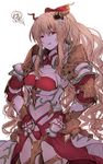  absurdres armor bare_shoulders blonde_hair bow breasts cleavage commentary darjeeling_(reley) empty_eyes gauntlets granblue_fantasy hair_between_eyes hair_bow highres horns large_breasts long_hair navel ponytail red_eyes solo vira_lilie 