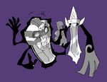  aegislash anger_vein angry cofagrigus coffin extra_arms eye_contact half-closed_eye half-closed_eyes hand_up hands_up jkwaipa0926 looking_to_the_side monochrome no_humans open_mouth pokemon pokemon_(creature) pokemon_bw pokemon_xy purple_background sharp_teeth simple_background sketch teeth 