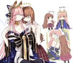  animal_ears bare_shoulders bell black_legwear blush breasts brown_hair cake chibi cleavage closed_eyes commentary_request crying fate/extra fate/grand_order fate_(series) flower food fox_ears gameplay_mechanics hair_ornament highres holding_hands kishinami_hakuno_(female) long_hair long_sleeves medium_breasts multiple_girls off_shoulder pink_hair servant_card_(fate/grand_order) shirt sketch sleeveless sleeveless_shirt smile star swiss_roll tamamo_(fate)_(all) tamamo_no_mae_(fate) tears thighhighs translation_request uncle129 very_long_hair white_background white_shirt wiping_tears yellow_eyes yuri 