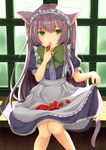  :o absurdres animal_ears apron apron_basket apron_hold bell bow cat_ears cat_tail commentary_request day eating fang food fruit green_bow green_eyes highres indoors jingle_bell knees_together long_hair looking_at_viewer maid maid_apron maid_headdress original puffy_short_sleeves puffy_sleeves purple_hair short_sleeves sitting skirt_hold solo strawberry tail utako_(kuromosuki) very_long_hair window 