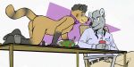 belt black_feet black_hair black_hands blush bottomwear bow_tie bow_tie_only brown_body brown_fur canid canine canis clothed clothed/nude clothing collared_shirt dress_shirt duo feet food fur furniture grey_body grey_fur hair hi_res male male/male mammal mostly_nude nude on_table p_rindustries pants raccoon_dog salad salt_and_pepper shirt simple_background table tan_bottomwear tan_clothing tan_pants tanuki tongue tongue_out topwear wolf