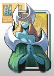  1girl bare_shoulders blonde_hair blue_skin breasts cleavage closed_eyes colored_skin dress duel_monster green_dress hair_between_eyes headpiece highres large_breasts long_arms long_hair long_sleeves mystical_elf own_hands_together pixelated praying shakeeeeeeeee solo very_long_hair wide_sleeves yu-gi-oh! yu-gi-oh!_dark_duel_stories 