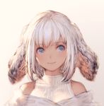  1girl animal bangs bare_shoulders blue_eyes ears eyebrows_visible_through_hair looking_away original_character portrait short_hair simple_background smile solo sweater white_background white_hair 