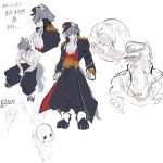  1boy 1girl animal_nose armor bad_id bad_twitter_id baggy_pants belt black_coat black_hat black_pants bouncing_breasts breasts championship_belt coat commentary_request cropped_torso digitigrade from_side full_body furry furry_male grey_fur hair_over_one_eye hand_on_own_face hat high_collar highres huge_breasts image_in_thought_bubble long_coat long_sleeves multiple_views muscular muscular_male open_clothes open_coat original osakana_(kitasisn) pants partially_colored pauldrons peaked_cap profile red_shirt scar scar_across_eye scar_on_face shirt shoulder_armor shoulder_pads shoulder_spikes sitting sketch snout spikes sugimori_futaba_(osakana) topless_male translation_request wolf_boy 